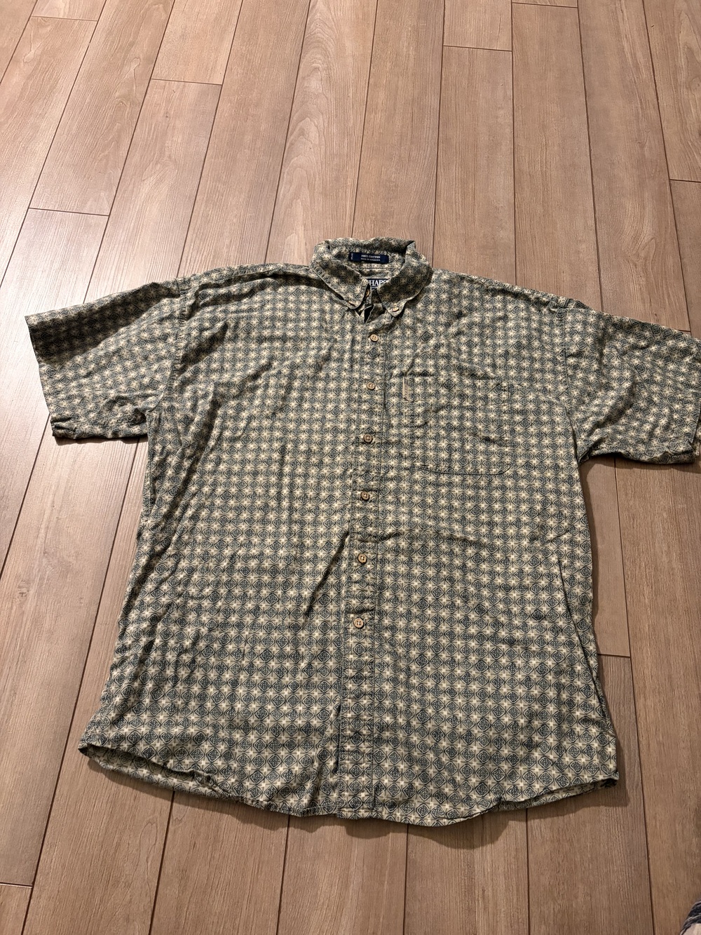 Ralph Lauren Chaps Men's Button-Up Shirt Green Size L 90s Geometric Print Cotton